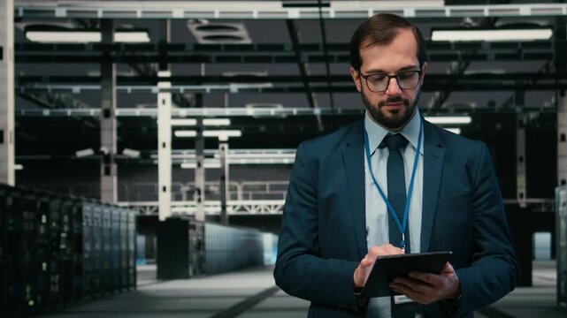 Monitoring system, AR simulation and engineer portrait in data center, identifying performance bottlenecks. Implementing optimizations, VFX compositing and worker in server farm using device, camera A