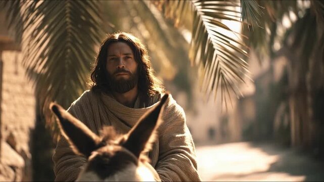 Palm Sunday. Jesus Christ rides a donkey into Jerusalem against a background of green palm leaves.