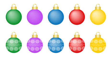 Christmas ball ornaments collection in different colors with and without snowflakes as a vector illustration