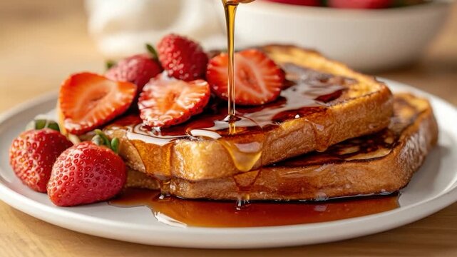 Stacked French toast drizzled with syrup and topped with fresh strawberries on a plate