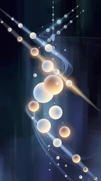 Glowing spheres and flowing light trails on a dark blue background