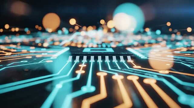 Illuminated microchip circuitry on dark surface with shallow depth of field