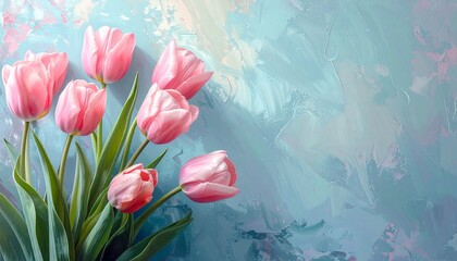 ピンク色のチューリップとシンプルな水色の背景　AI生成素材