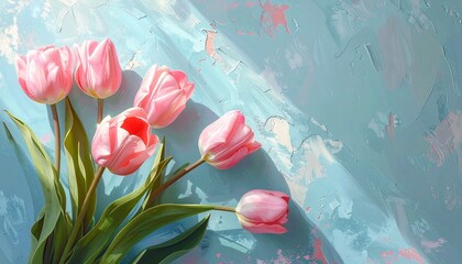 ピンク色のチューリップとシンプルな水色の背景　AI生成素材