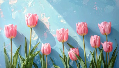 ピンク色のチューリップとシンプルな水色の背景　AI生成素材