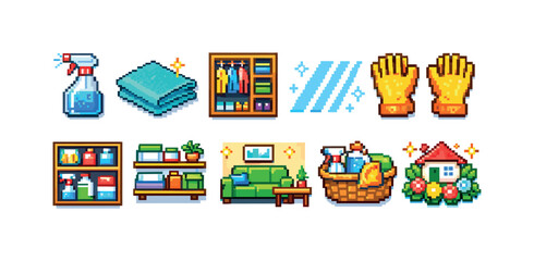 Naklejka premium Home cleaning pixel icon set. Household chores, laundry, spring cleaning pixel icons