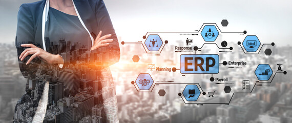 Professional businesswoman stands confidently with arms crossed, showcasing enterprise resource planning concepts amidst a modern cityscape, illustrating innovation and strategy. Tessel © InfiniteFlow