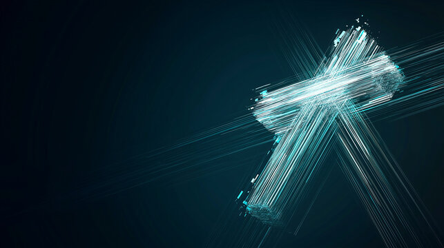 Abstract Digital Glitch Cross with Motion Blur and Tech Lines on Dark Blue Background, Cyberpunk Religious Symbolism Representing Faith in the Digital Age and Modern Technology