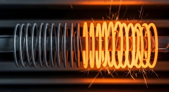 Close-up of a Metal Coil Undergoing High Temperature Heating, Glowing Bright Orange with Flying Sparks in an Industrial Manufacturing Process