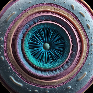 Photorealistic 3D anatomy of Plasmodium falciparum merozoite, elongated ovoid with apical complex (polar rings, rhoptries, micronemes), inner membrane complex and subpellicular microtubules hinted
