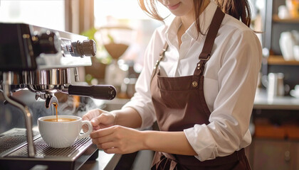 カフェの業務用マシンでコーヒーをカップに注ぐ若い女性バリスタの店員