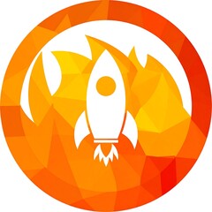 White rocket ship graphic with flames in an orange circular shape. Geometric, digital art