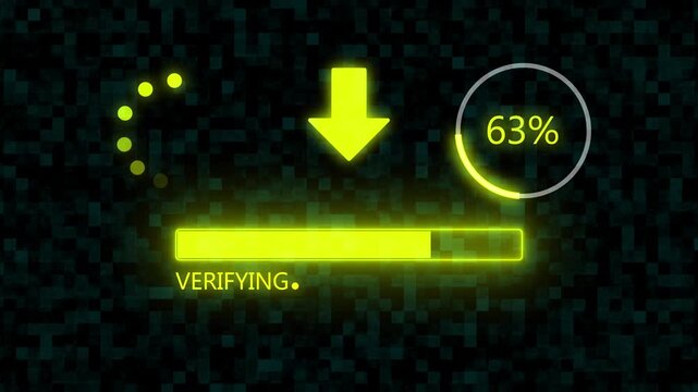   Verifying  Upload Progress Bar 0 to 100%  with Yellow Glowing Download Arrow and Percentage Indicator