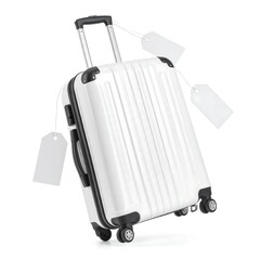 White rolling suitcase with tags, slightly tilted against a pure white backdrop