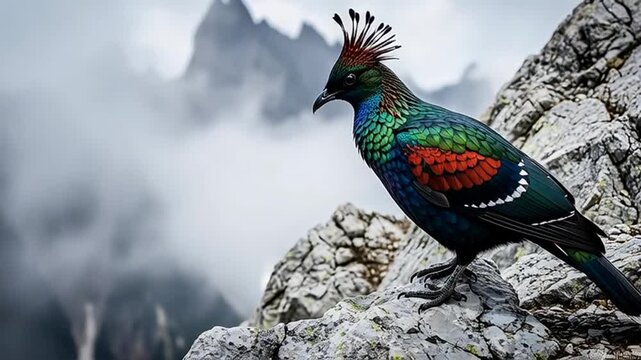 Himalayan Monal on Rocky Terrain: This Himalayan Monal perches regally on a rugged, rocky mountain side. Against a backdrop of misty mountain ranges, its plumage shines in all its iridescent splendor.