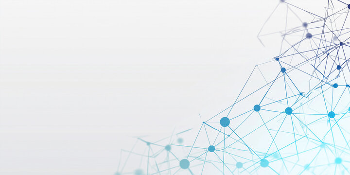 Modern geometric network connection background with blue nodes and thin lines representing cloud computing, internet of things IoT, and digital communication structure on white.