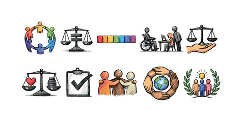 Fototapeta premium Diversity, inclusion flat icon set. Equality, accessibility, community support icons.