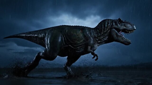 Tyrannosaurus Rex Running Through Stormy Rain and Lightning