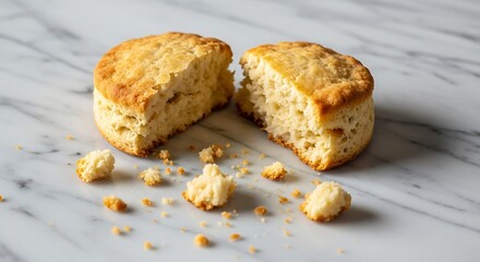 Homemade Scone Cut in Half on Marble.