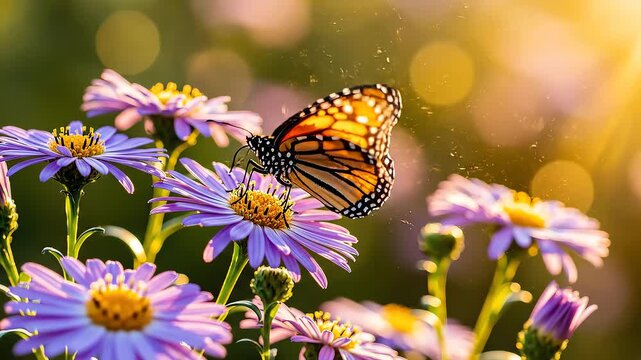 Monarch butterfly rests on purple aster