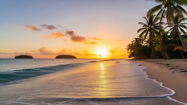 Coastal Sunset Serenity: A tropical paradise at sunset, where the sky ablaze with vibrant hues of orange and gold paints a picturesque scene of tranquility over calm sea and sandy shore. 