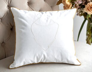 White square pillow with golden trim and geometric design on an upholstered chair