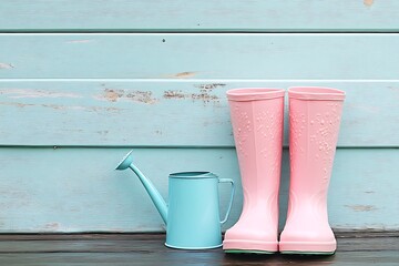 Soft toned rubber boots placed near a compact metal watering can.