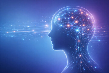 Obraz premium Abstract neural data network flowing through a transparent human head silhouette with glowing nodes connected by light trails. Minimal futuristic design with gradient blue and purple background.