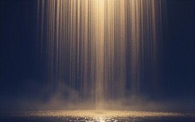 Fototapeta premium Golden light cascades down, illuminating misty ground below in serene, ethereal glow.