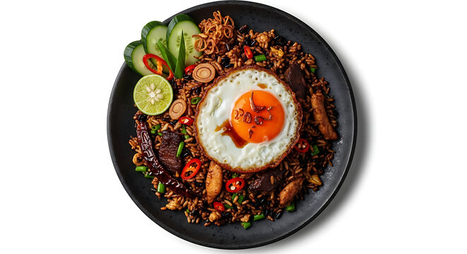 Exquisite Nasi Goreng: A top-down view showcases the vibrant Indonesian fried rice with a perfect fried egg, encircled by fresh garnishes, embodying a culinary delight.