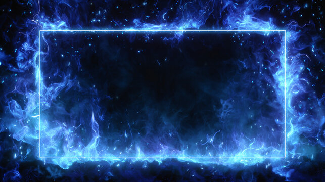 暗闇の中に神秘的な蒼い炎とエネルギーのオーラが揺らめく幻想的でスピリチュアルな光のフレーム背景