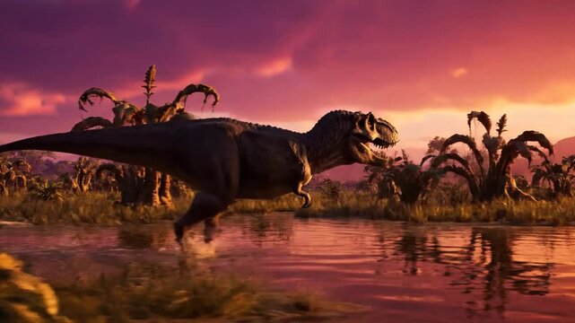 Tyrannosaurus Rex Running through a Prehistoric Swamp at Sunset