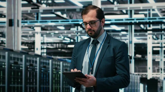 Portrait of data center engineer monitoring system performance using AR simulation, identifying bottlenecks. Server farm worker using device to implement optimizations, VFX compositing, camera B