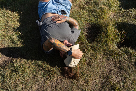 Tattoo woman relax outdoors