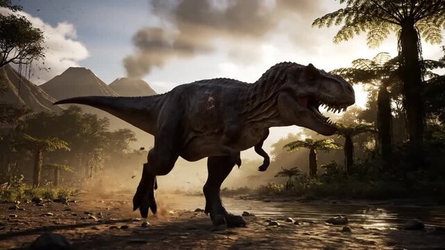 Tyrannosaurus Rex Running Through Prehistoric Jungle at Sunset