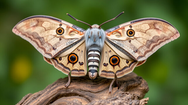 Closeup on the impressive Convolvulus Hawkmoth, Agrius convolvuli, sitting with open wings on a piece of wood