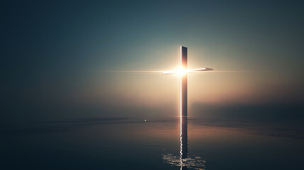 Obraz premium Glowing Metallic Christian Cross Standing on a Calm Water Surface with Bright Lens Flare and Misty Horizon, Ethereal Concept of Baptism Faith and Divine Presence