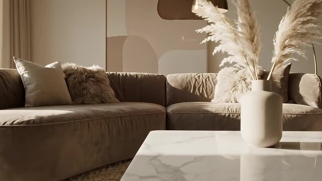 A serene living room with a modern sectional sofa and coffee table in a video showcasing interior design