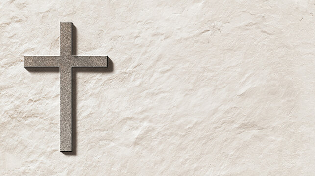 Stone Textured Christian Cross Symbol on Rough Sandstone Wall Background for Religious Holy Week, Easter, Spirituality, and Faith Concept with Deep Shadows and Organic Material