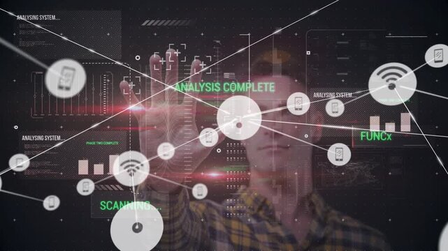 Man raising hand starting scan over palm, HUD forming network with mobile icons for tech analysis