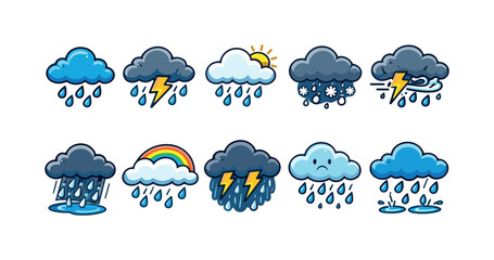 Obraz premium Weather forecast filled icon set. Rain, storm, cloud, and sun icon collection