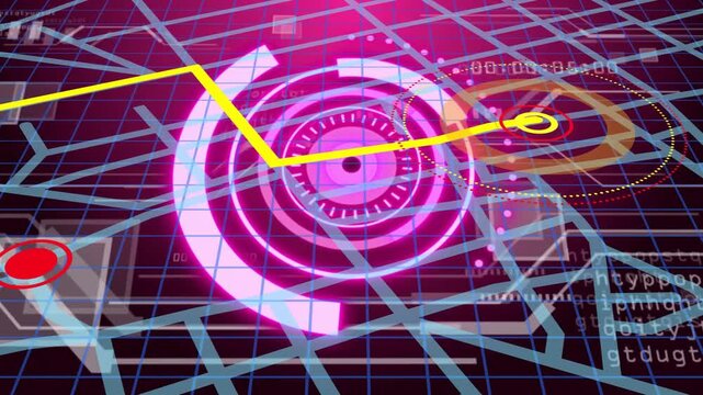 Yellow route line emerging left, sparking central neon HUD pulsing and connecting nodes for nav