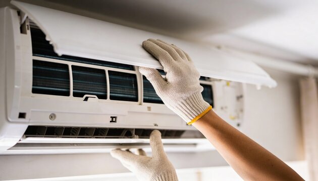 A person in white gloves is servicing a wall-mounted air conditioning unit, inspecting its internal components.