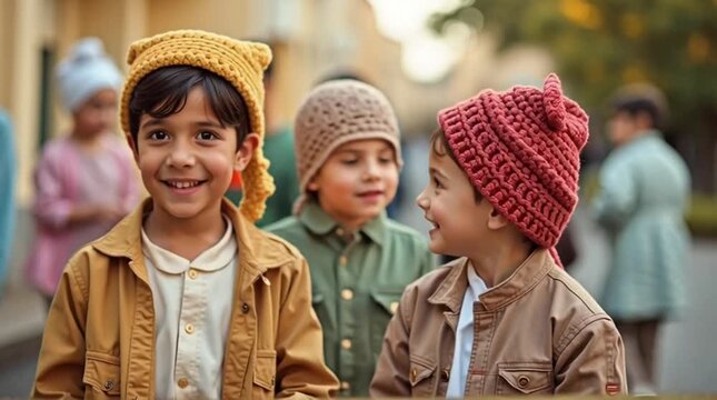 Happy diverse children wearing knitted hats smile brightly at the camera outdoors.