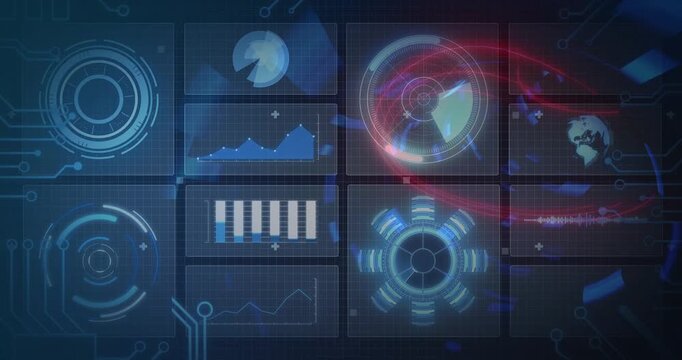3x3 grid activating after radar flashing, hub pulsing, charts rising, ribbon sweeping to show data