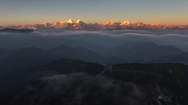 Panorama of Hengduan mountains with sea of clouds at sunrise