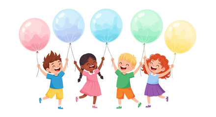 Colorful illustration of happy children holding balloons in a fun and joyful scene with a rainbow background, celebrating a festive Holi party day with iconic characters.