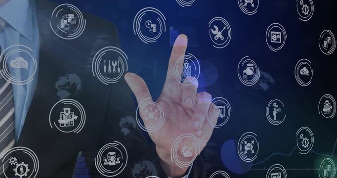 Suit-clad torso and right hand entering frame, tapping circular icons, selecting security tools