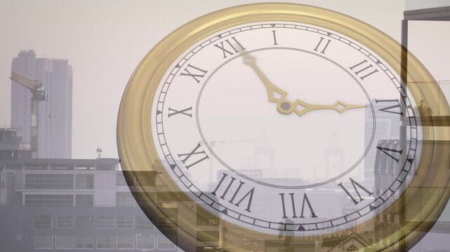 Overlay appearing triggers ornate gold clock hands rotating to show time lapse across hazy skyline