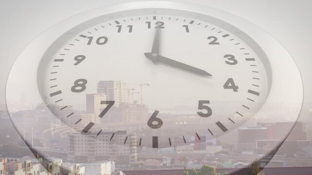 On timelapse start, large analog clock hands sweeping clockwise over skyline, showing elapsed time
